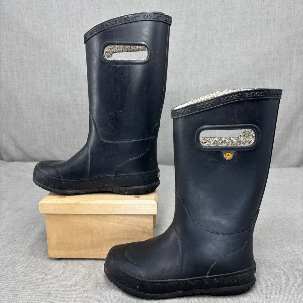 Bogs Unisex Black Plush Lined Rain Boot Snow Waterproof Pull On Kids‎ Size 13